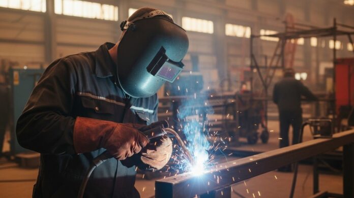 Сварщик в защитном костюме и маске, работающий с электродами, на фоне искр и денег.