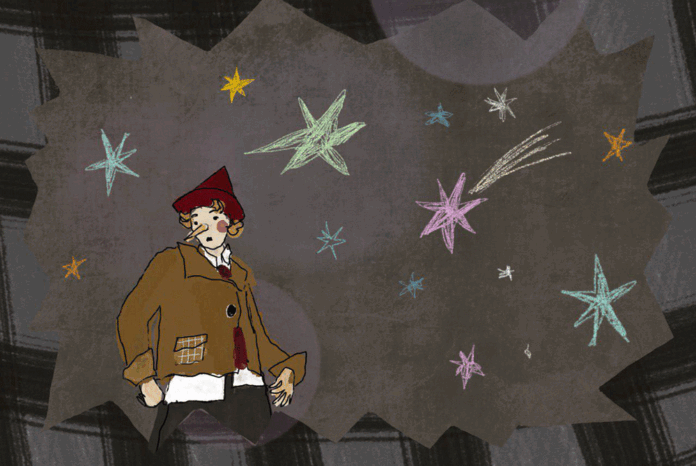 Актер в костюме Буратино на сцене театра, освещенный драматическим светом