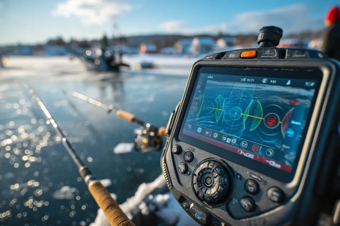 Зимний эхолот в действии, показывающий рыбу под толстым слоем льда и снега