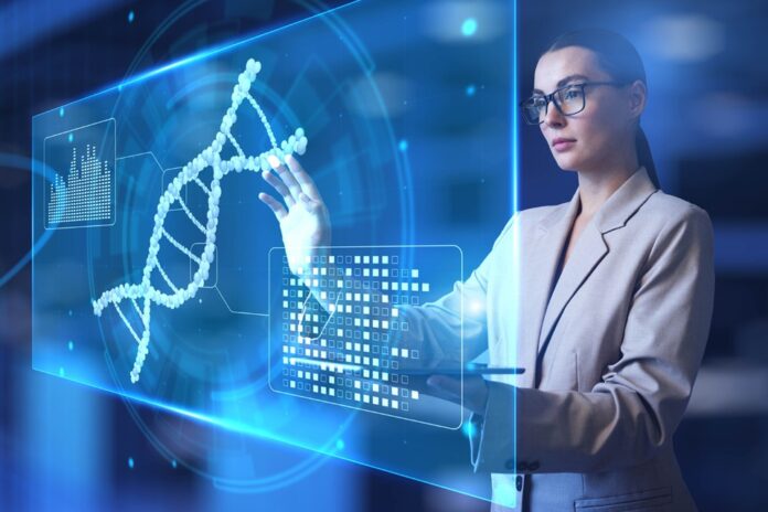 Генетик, держащий пробирку и книгу, символизирующий связь между генетикой и знаниями.