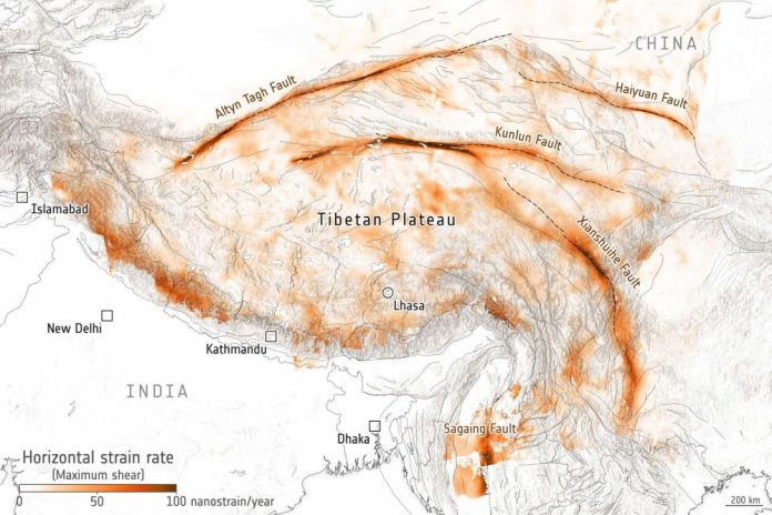 Карта Тибета с направлением движения на Восток, символизирующая культурные и исторические изменения, с изображением маникюра в качестве метафоры скорости.
