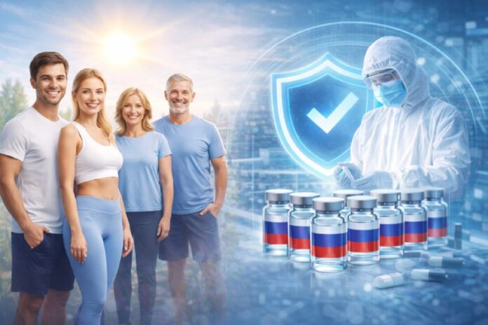 Иллюстрация, символизирующая научные исследования и процесс похудения, с элементами русской культуры.