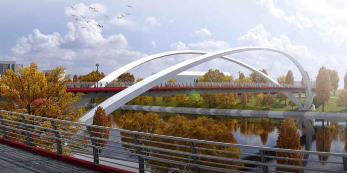 Новый мост, соединяющий районы Мнёвники и Крылатское в Москве, символизирующий развитие и новые возможности для горожан, включая пешеходные зоны над водой.