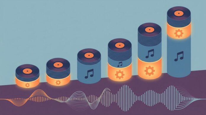 Изображение робота, поющего в микрофон, с нотными знаками и музыкальными символами вокруг.