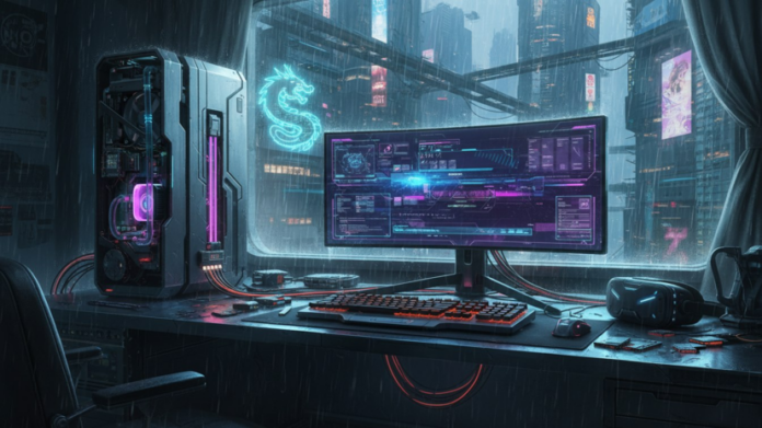 Иллюстрация, символизирующая защиту финансовых данных от цифровых угроз, с элементами робототехники и банковских символов.