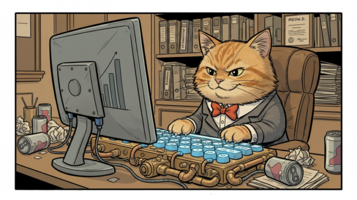 Изображение кота в деловом костюме, сидящего за столом в кабинете, напоминающем офис Центробанка. На столе документы и компьютер с графиками. На заднем плане видны элементы, символизирующие финансовый мир.