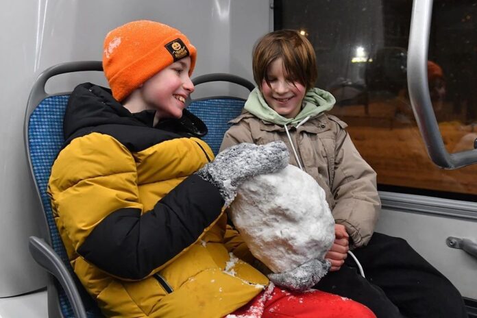 Иллюстрация ребенка, улыбающегося и держащего в руке билет на общественный транспорт, с символическим изображением счастливого детства и надписью 'до 17 лет'