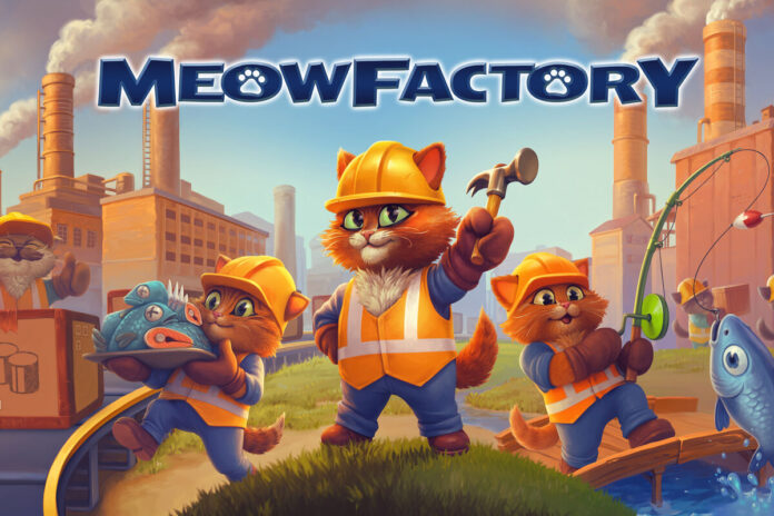 Иллюстрация с котами, одетыми в рабочую одежду, стоящими на фоне индустриального пейзажа и заката, символизирующая рабочий класс и конец эпохи динозавров, в стиле славянского блокбастера.