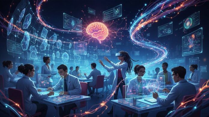 Изображение, иллюстрирующее мирное сосуществование людей и технологий, где цифровые помощники помогают в повседневных делах, например, заказывая кофе.