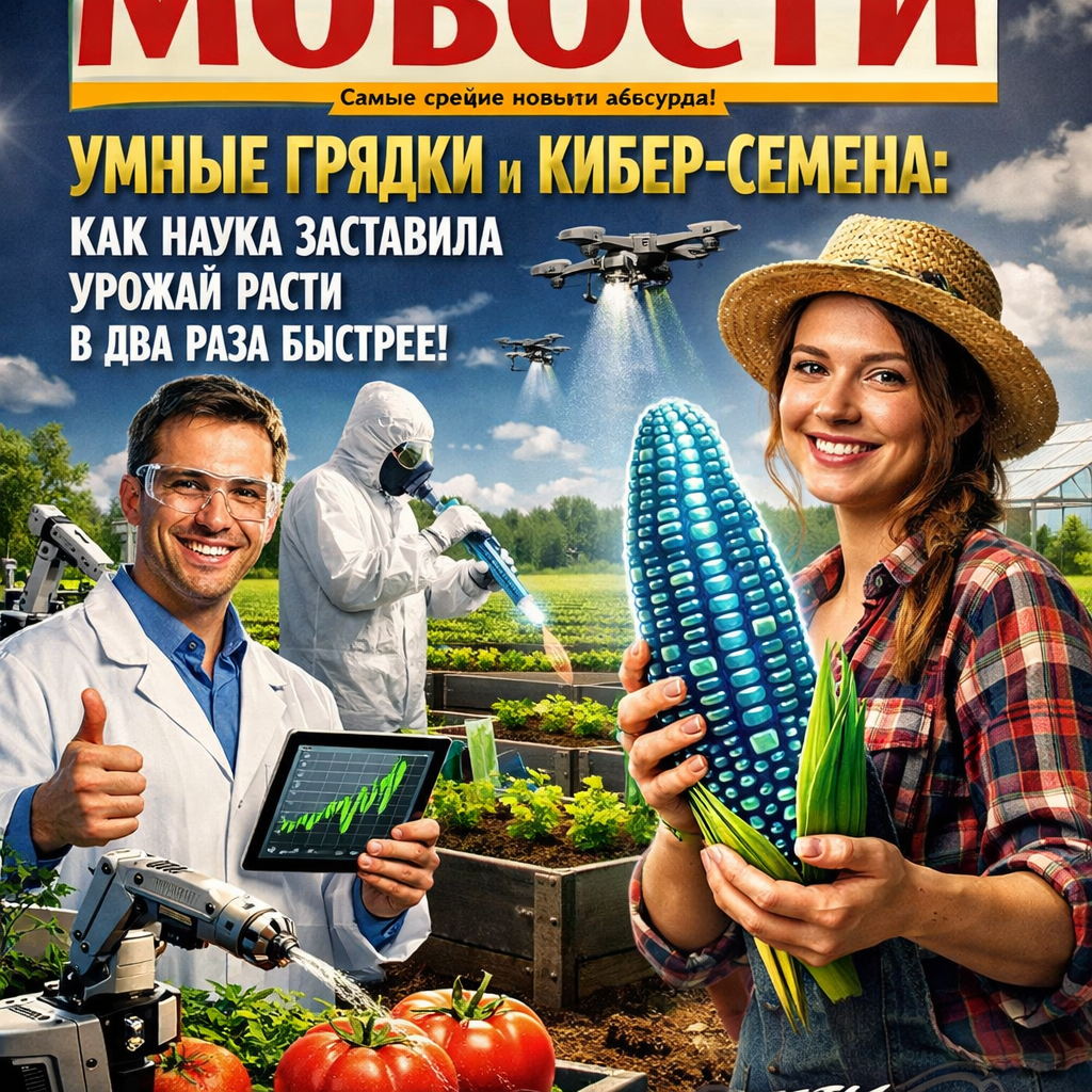 Изображение умной грядки с растущими растениями, символизирующее ускоренный рост урожая благодаря научным технологиям.