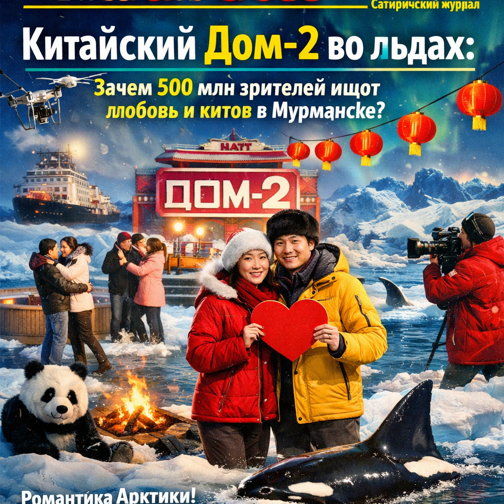 Участники китайского реалити-шоу Дом-2 на фоне заснеженного Мурманска с китами в море
