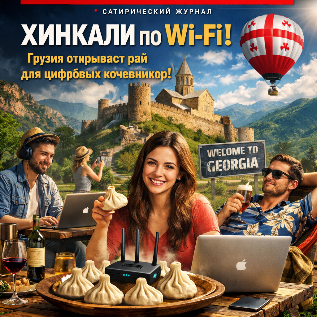 Изображение хинкали с Wi-Fi значком на фоне грузинских пейзажей