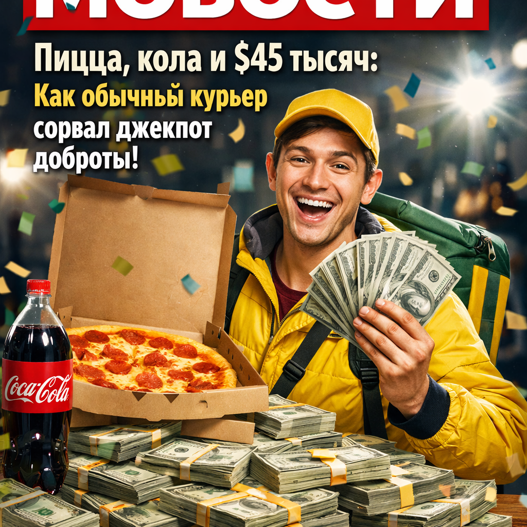 Курьер с коробкой пиццы и бутылкой колы, держащий в руке пачку денег