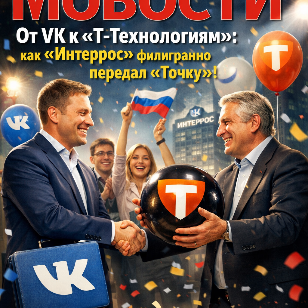 Иллюстрация процесса передачи компании «Точка» от VK к «Т-Технологиям» с участием «Интеррос»