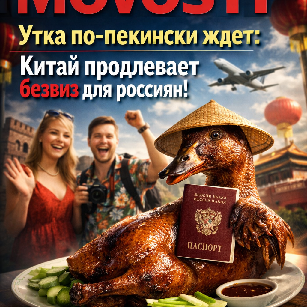 Изображение утки по-пекински с китайским флагом и текстом о продлении безвизового режима.
