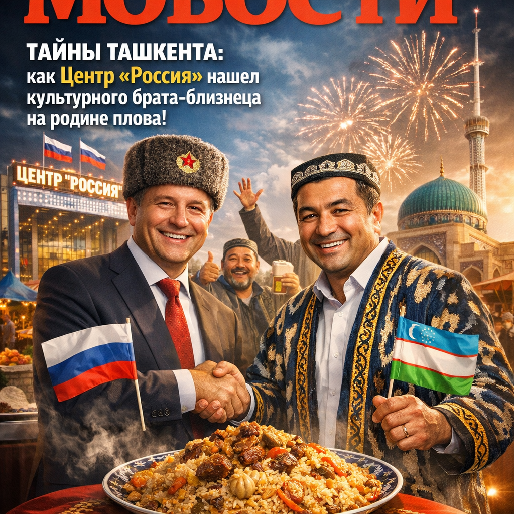 Центр «Россия» и его культурный брат-близнец в Ташкенте на фоне традиционного узбекского плова