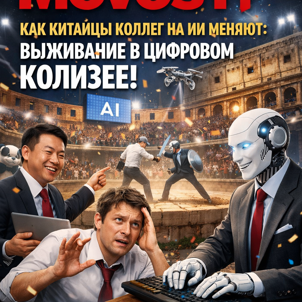 Иллюстрация, изображающая футуристическую сцену с роботами, заменяющими людей в офисе, на фоне китайских пейзажей и символов технологий.