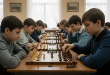 Юные саратовцы играют в шахматы на фоне Волги