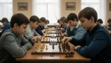 Юные саратовцы играют в шахматы на фоне Волги
