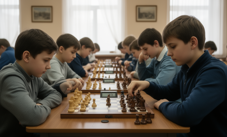 Юные саратовцы играют в шахматы на фоне Волги