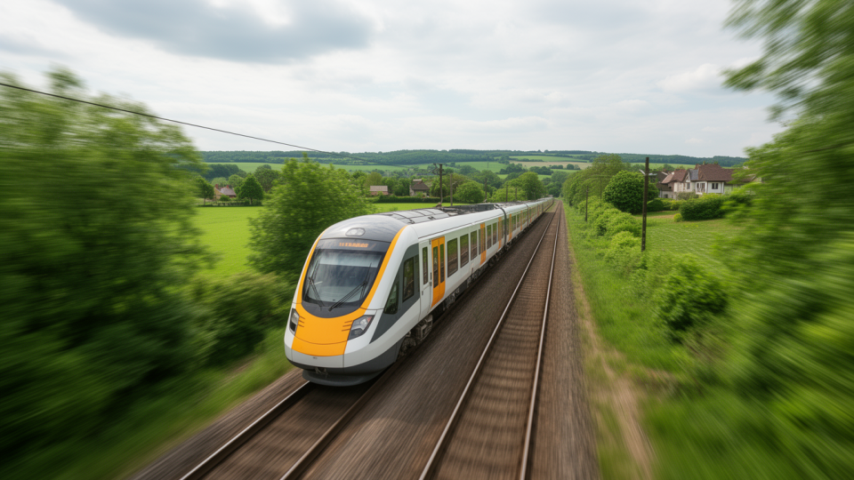 Электричка на фоне уральских пейзажей с иконками чат-ботов