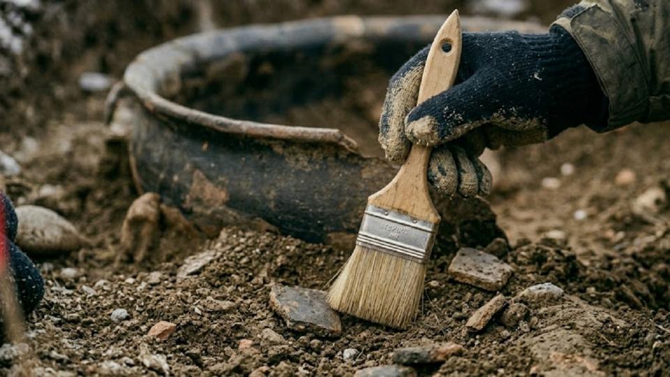 Изображение бизнес-леди Древней Руси с гаджетами из свинца