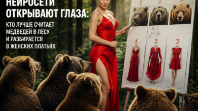 Иллюстрация нейросети, анализирующей медведей в лесу и женские платья.