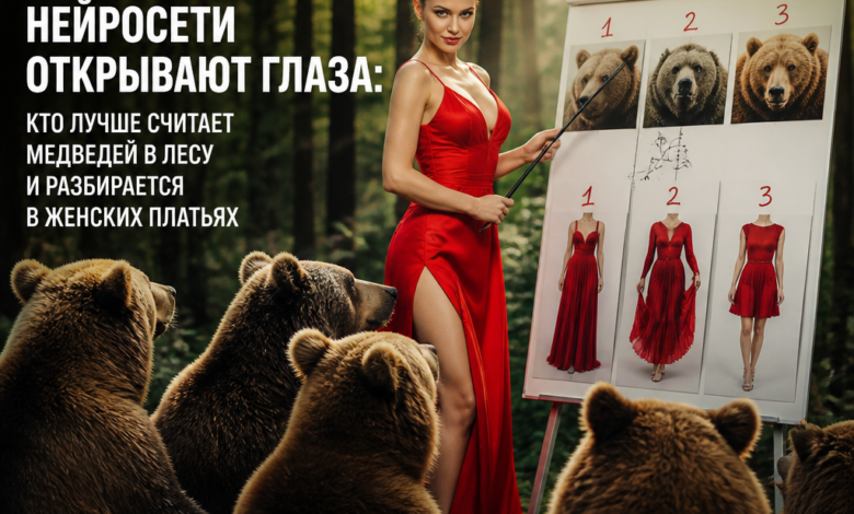Иллюстрация нейросети, анализирующей медведей в лесу и женские платья.
