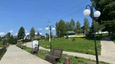 Набережная реки Юг с утками на фоне новых строений Никольских Афин.