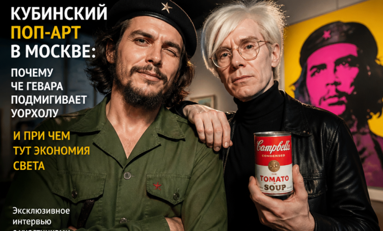 Поп-арт изображение Че Гевары в стиле Уорхола на фоне московского пейзажа