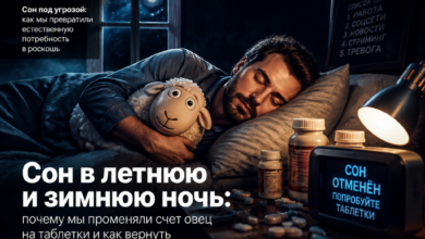 Иллюстрация, изображающая человека, который пытается заснуть, окруженного таблетками и овцами, символизирующими старые способы борьбы с бессонницей.