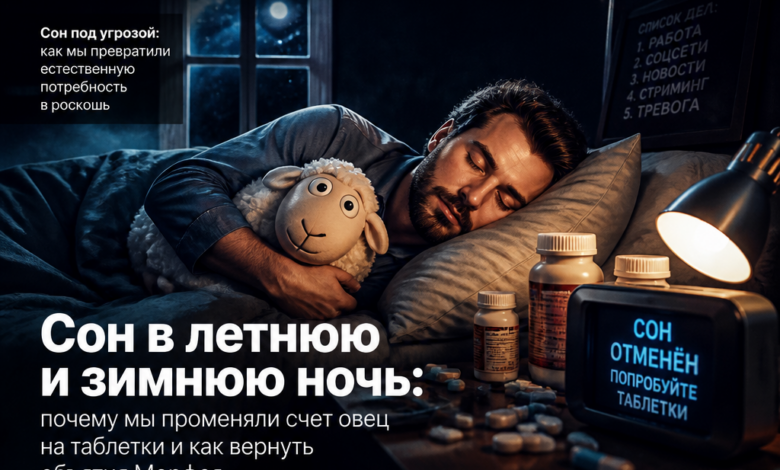 Иллюстрация, изображающая человека, который пытается заснуть, окруженного таблетками и овцами, символизирующими старые способы борьбы с бессонницей.