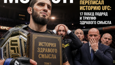 Изображение Ислама Махачева, празднующего свою 17-ю победу подряд в UFC