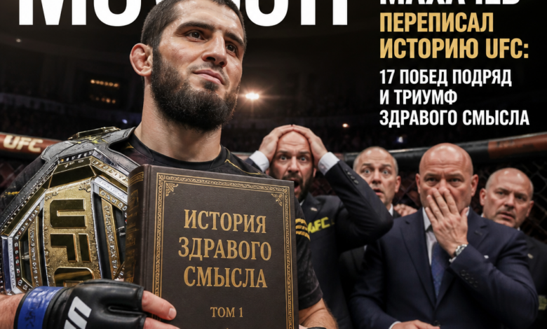 Изображение Ислама Махачева, празднующего свою 17-ю победу подряд в UFC