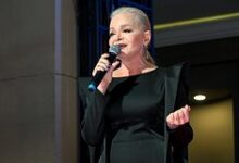 Лариса Долина в театральном костюме, изображающая сцену с студенческим билетом
