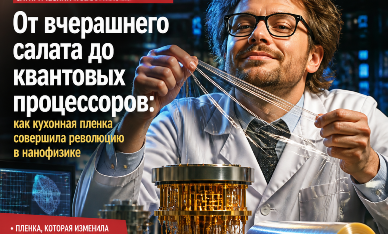 Изображение кухонной пленки с фоном квантовых процессоров и салата
