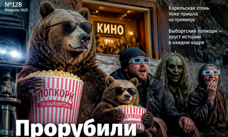 Постер фильма, изображающий комедийные сцены и элементы карельской культуры