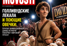 Анимационный герой Давид среди овечек на фоне Голливуда