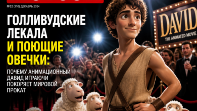 Анимационный герой Давид среди овечек на фоне Голливуда