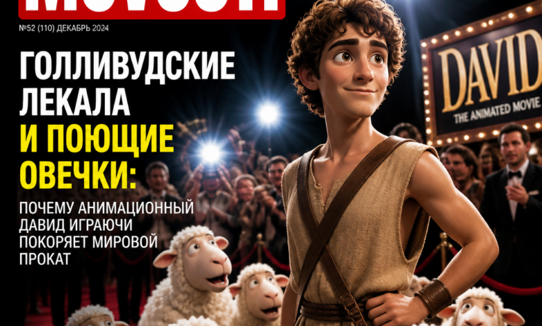 Анимационный герой Давид среди овечек на фоне Голливуда