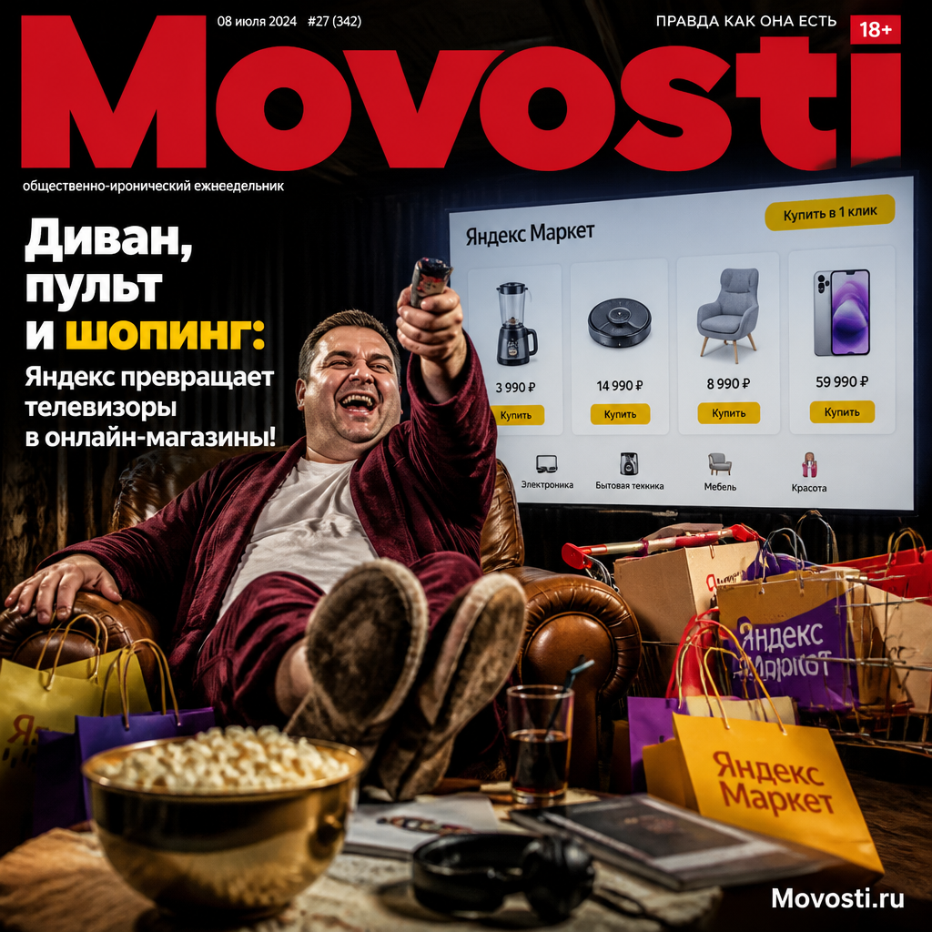 Телевизор с интерфейсом Яндекс и предметами интерьера, символизирующими онлайн-шопинг.