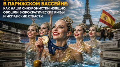 Синхронистки в золотых купальниках в парижском бассейне